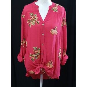 Figueroa & Flower Pink Embroidered Floral Boho Style Blouse/Coverup Large